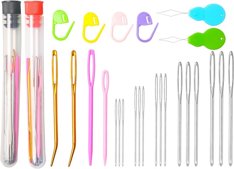 HEKISN 45Pcs Large Eye Blunt Yarn Needles kit, Assorted Sizes Bent Tapestry Darning Needle, Sewing Needles with Needle Threaders & Stitch Markers for Knitting Crochet (Red&Black) - Image 1